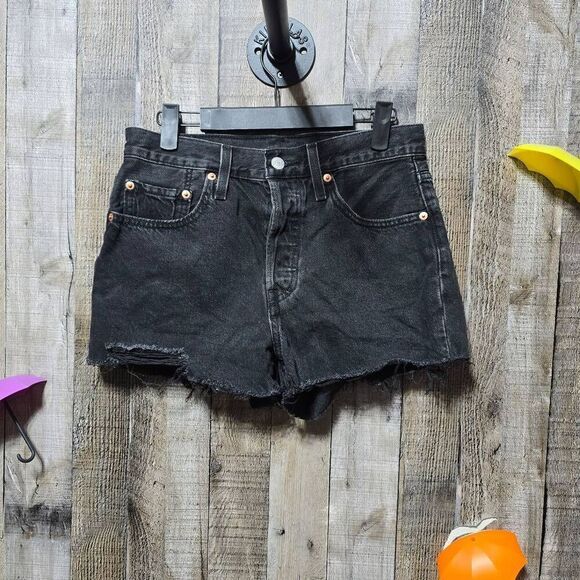 Levis 501 Black Distressed Shorts - Picture 1 of 6
